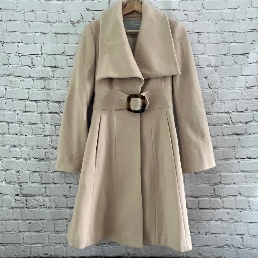 Jessica Simpson Size XS Cream Wool Blend Collar Belte Fit & Flare Winter Peacoat